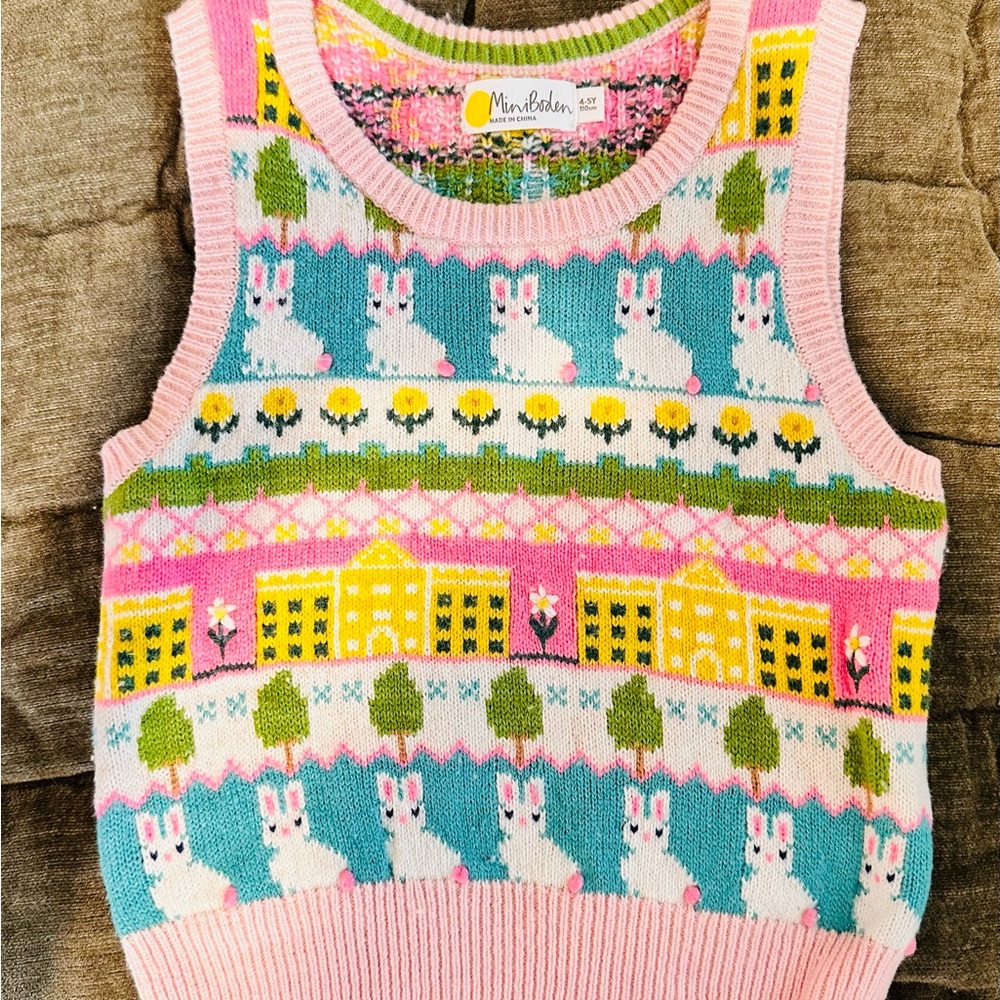 Mini Boden Pink and Blue Bunny Wool Sweater Vest